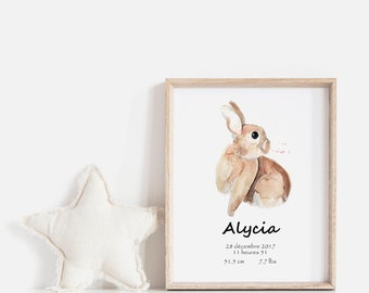 Birth gift print/  / Baby nursery decor / Rabbit print / Rabbit nursery / watercolor / Cynthia Paquette