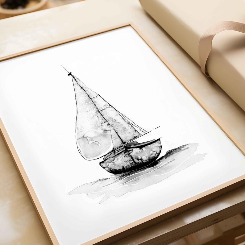 May include: A black and white watercolor painting of a sailboat with a single sail. The sailboat is depicted on a white background with a light gray watercolor wash.