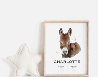 Donkey birth poster - birth gift - newborn souvenir - baby room decoration - birth illustration - wall art