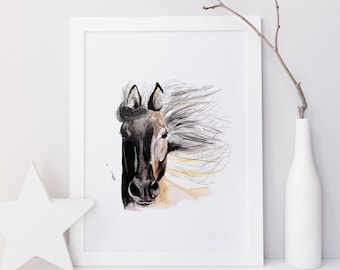 Affiche cheval / animal / art / aquarelle / fait main / fait au Québec / art / style minimaliste / Cynthia Paquette