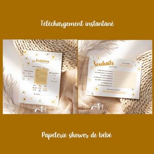 Duo cartons prédictions et souhaits soleil boho / papeterie grossesse et naissance en français / fête prénatale / jeux pour shower de bébé