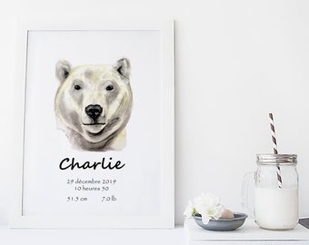 Birth Poster / Baby Gift / Baby Decoration / Baby Room / Cynthia Paquette / Polar bear Poster / Watercolor Polar bear