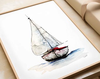Watercolor sailboat print in white, blue & red | nautical wall art | nursery and kids room decor | printable  | digital download
