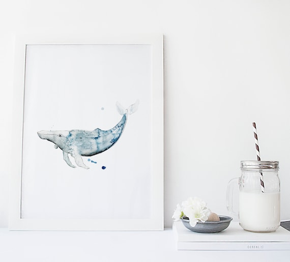 Affiche baleine à bosse en aquarelle | Illustration marine pour chambre enfant | Art mural inspiré des océans et de la vie sauvage