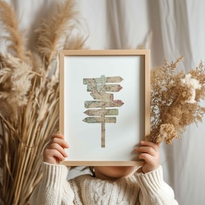 Affiche pancarte direction avec carte du monde ancienne | Déco chambre bébé thème voyage, aventure, exploration| Illustration imprimée rétro