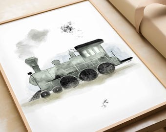 Vintage turquoise steam train digital print | Retro watercolor wall art | Boy nursery decor | Kids room printable | Instant download