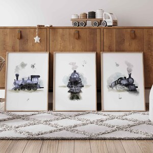 Set of 3 vintage train nursery print / Train nursery decor / Vintage train wall art / Travel boy nursery wall art / Steam train picture Blue