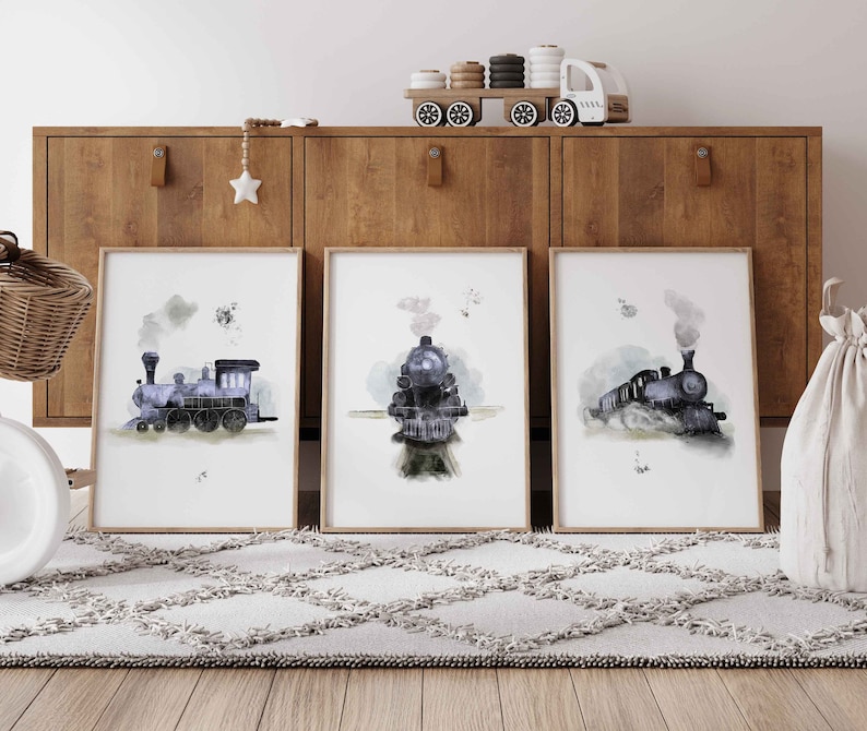 Set of 3 vintage train nursery print / Train nursery decor / Vintage train wall art / Travel boy nursery wall art / Steam train picture Blue