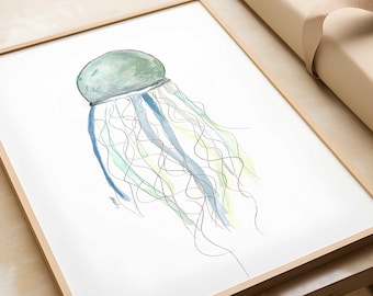 Pastel Jellyfish watercolor print | Ocean nursery wall art for baby boy or girl | Underwater kids poster, sea creature nursery decor