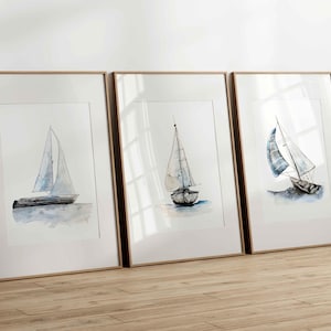 3er-Set Aquarell-Segelboot-Poster | Sanfte maritime Wandkunst | Chalet am Meer, Meer | Baby- und Kinderzimmerdeko | Nautische Illustration