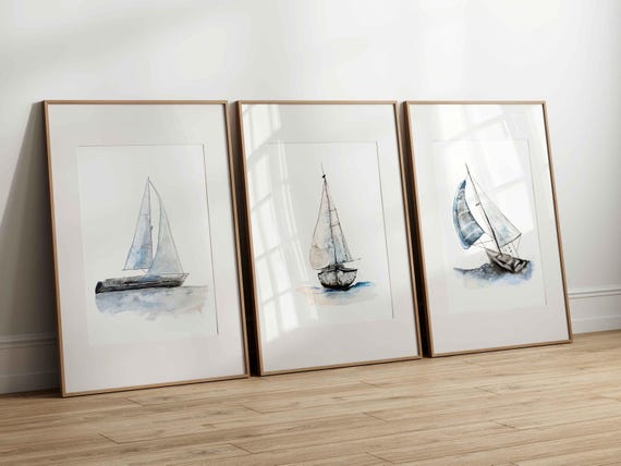 Ensemble 3 affiches voiliers aquarelle | Art mural marin doux | Chalet bord de mer, océan | Déco chambre bébé enfant | Illustration nautique
