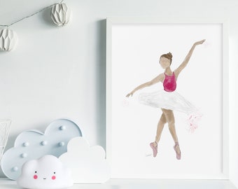 Illustration aquarelle ballerine - Art mural ballerine rose et blanche - Danseuse de ballet - Décoration chambre de fille