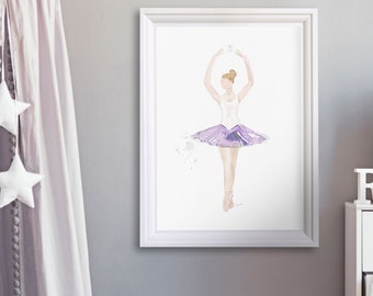 Ballerina watercolor illustration - Purple tutu ballerina wall art - Ballet dancer, fifth position - Girl's room decoration