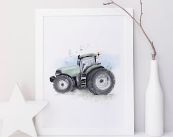 Illustration tracteur vert pâle / Camion / Machinerie  / Affiche déco chambre enfants  / salle de jeux