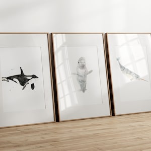 Set of 3 whale prints | Orca, beluga, narwhal | Baby & kids' room decor | Arctic ocean theme, soft polar vibes