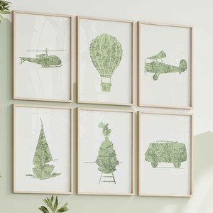 Ensemble 6 affiches transports vert vintage | Art mural rétro, voyage, aventure | Déco chambre bébé, enfant | Carte du monde ancienne