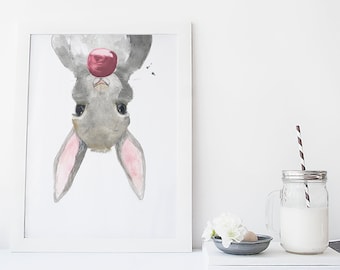 Funny Rabbit / bubble gum / animal / watercolor / handmade / made in Quebec / art / minimalist style / Cynthia Paquette