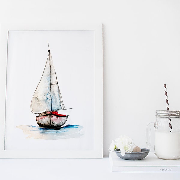 Art mural voilier style aquarelle / illustration bateau / décoration nautique