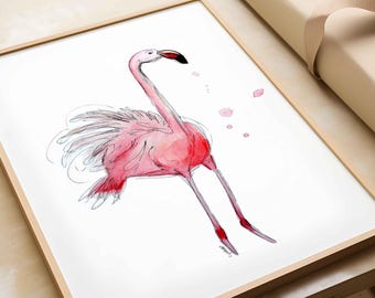 May include: A framed art print featuring a watercolor and ink illustration of a pink flamingo. The bird is depicted with a long neck, slender legs, and expressive, loose brushstrokes in shades of pink and red, set against a plain white background.