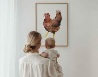 Póster de gallina roja en acuarela | Bonita ilustración campestre para la habitación de un niño | Arte mural de naturaleza y decoración rústica
