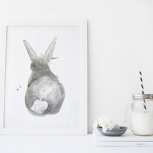Cartel de conejo desde atrás / flores / animal / acuarela / hecho a mano / hecho en Quebec / arte / estilo minimalista / Cynthia Paquette imagen 1
