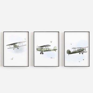 Vintage watercolor airplane wall art set / Retro airplane / Vintage airplane - Biplane / baby and children's room decor