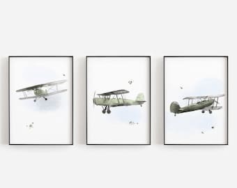 Vintage watercolor airplane wall art set / Retro airplane / Vintage airplane - Biplane / baby and children's room decor