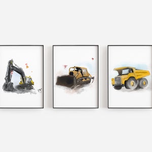 Ensemble camions / construction / machinerie / 3 illustrations / Pelle mécanique Bulldozer camion à benne / décor chambre d'enfants image 1