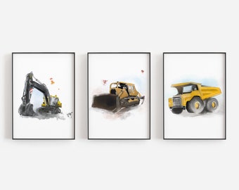 Truck set / construction / machinery / 3 illustrations / Mechanical excavator - Bulldozer - dump truck / children's room decor