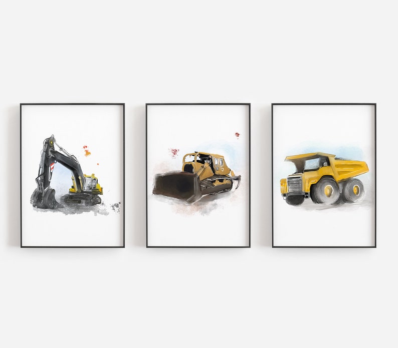 Ensemble camions / construction / machinerie / 3 illustrations / Pelle mécanique Bulldozer camion à benne / décor chambre d'enfants image 1