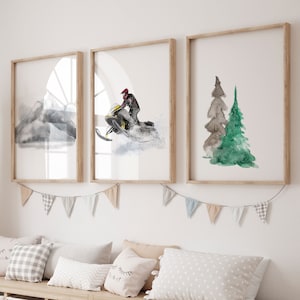 Set of 3 Snowmobile Prints / Skidoo, Snowy Mountains, Pine Tree / Wall Art for Baby and Kids&#39; Rooms / Winter Landscape Decor