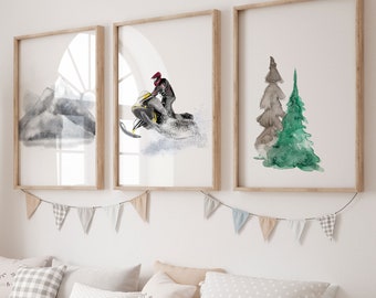 Set of 3 Snowmobile Prints / Skidoo, Snowy Mountains, Pine Tree / Wall Art for Baby and Kids' Rooms / Winter Landscape Decor