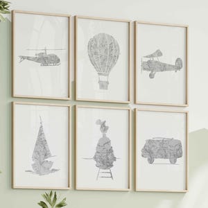 Ensemble 6 affiches transport noir et blanc | Art mural vintage, voyage, aventure | Déco chambre bébé, enfant | Carte du monde ancienne