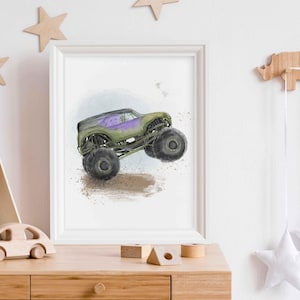 Affiche Monster Truck vert et mauve aquarelle | Décoration murale chambre enfant | Poster camions pour garçon et fille | numérique