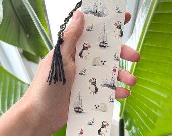 Reading bookmark - Mingan Islands - Puffin - Lighthouse - Sailboat - watercolor paper illustration bookmark