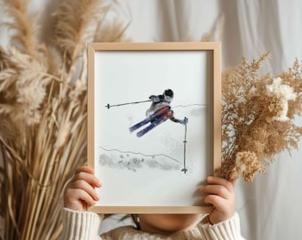 Alpine Ski Illustration - Skier Wall Art in Action - Kids Room and Playroom Decor - Nature, Adventure, and Winter Sports Spirit