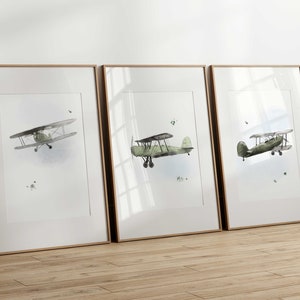 Auténtico conjunto de arte de pared de avión de acuarela vintage / elección de colores / Avión retro vintage - Biplano / habitación para bebés y niños