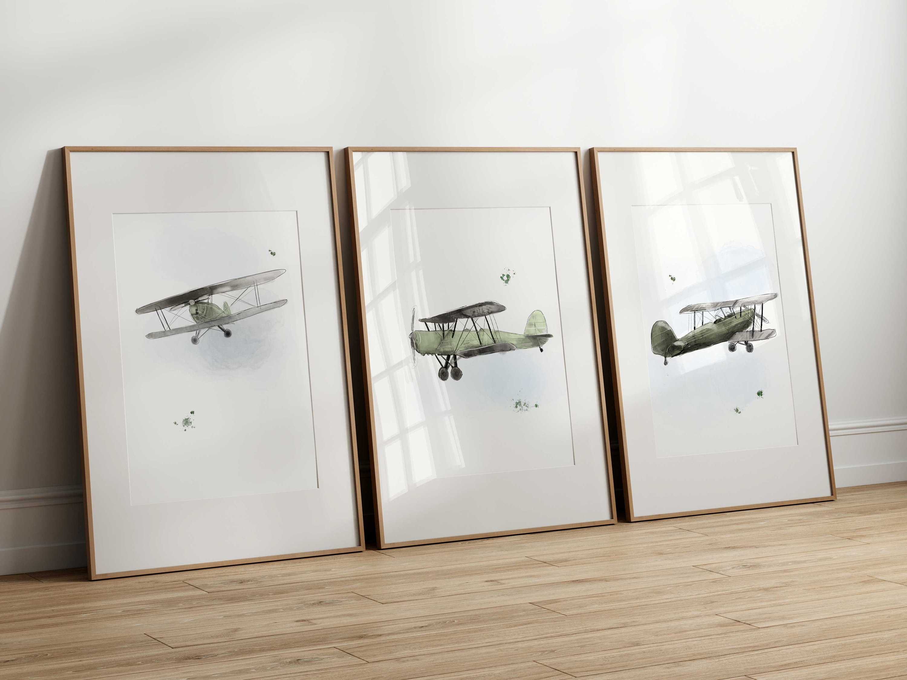 Vintage watercolor airplane wall art set / Choose your color / Retro airplane / Vintage airplane - Biplane / baby and children's room decor