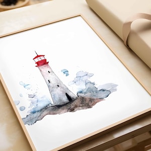 Affiche aquarelle de phare sur falaise rocheuse | Illustration authentique | Décoration murale pour chambre bébé, enfant | Thème nautique