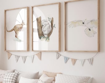 Australisches Tierposter-Set | Känguru, Koala, Kakadu | Kinderzimmer-Dekor, Thema australische Natur und Tierwelt