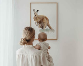 Kangaroo Mom and Baby Print | Soft Nature-Inspired Wall Art for Kids' Room | Gentle and Heartwarming Nursery Decor
