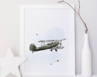Vintage biplane plane illustration / green retro plane / Biplane wall art / Children's room decor poster / playroom