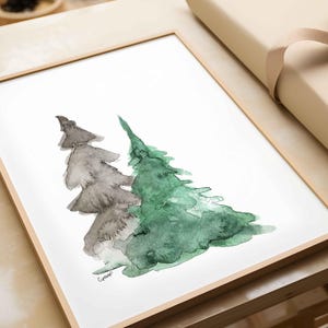 watercolor two pine trees print | nature wall art | cabin & home decor | forest printable illustration | winter landscape poster