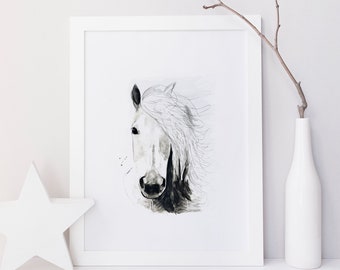 Affiche cheval / animal / art / aquarelle / fait main / fait au Québec / art / style minimaliste / Cynthia Paquette