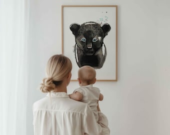 Baby Black Leopard Face Print | Soft, Nature-Inspired Wall Art for Kids' Room | Cute Animal Illustration for Calming and Cozy Decor