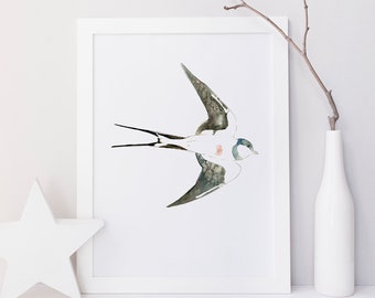 Affiche hirondelle / oiseau / aquarelle / fait main / fait au Québec / style minimaliste / Cynthia Paquette