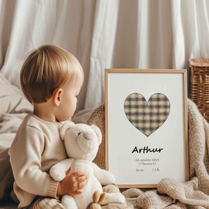 Póster de nacimiento personalizado con azulejos de corazón – Recuerdo del bebé con nombre, fecha, peso – Decoración de la habitación del recién nacido – Regalo de nacimiento