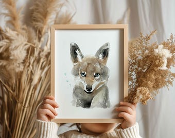 Póster de cara de lobo bebé | Reproducción en acuarela suave para habitación de bebé y niño | Arte de pared de animales del bosque | decoración natural de cachorro de lobo