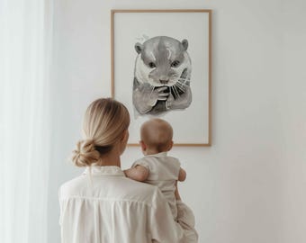 Poster met babyottergezicht | Zachte aquarelreproductie voor baby- en kinderkamer | Natuurmuurkunst en rustgevende decoratie