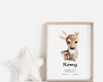 Birth gift print / Baby nursery decor / Cynthia Paquette / fawn print / fawn nursery / deer watercolor